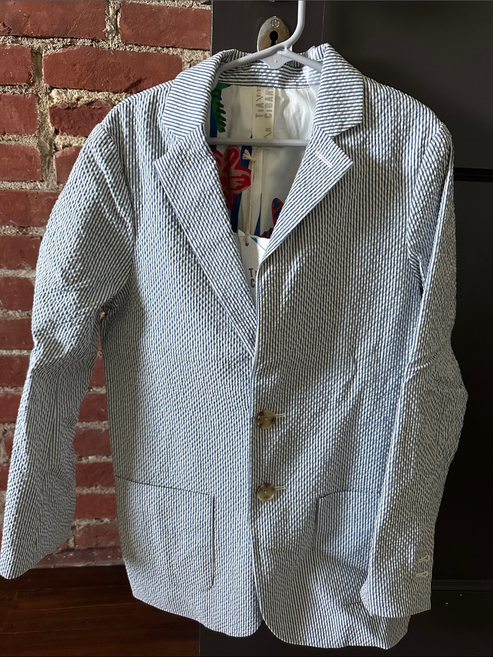 Striped Seersucker Kids Blazer - Blue & White